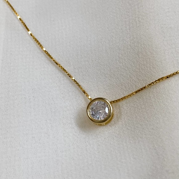Single Bezel Sterling 925 Gold Dainty Necklace - Picture 4 of 12